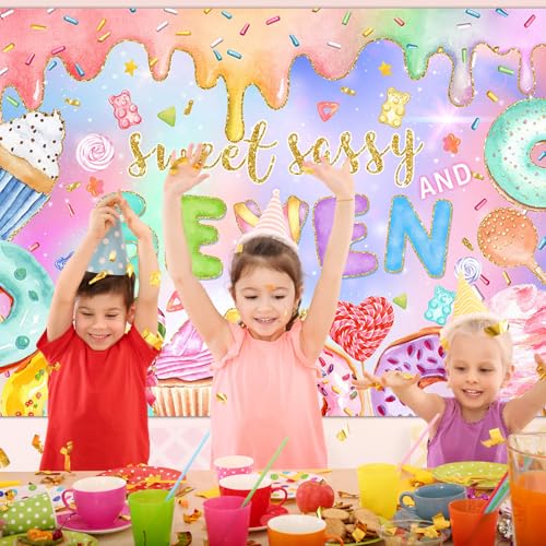 Mocsicka Sweet Sassy and Seven Birthday Backdrop Girls Sweet Candy Donut 7th Birthday Party Background Happy 7th Birthday ...