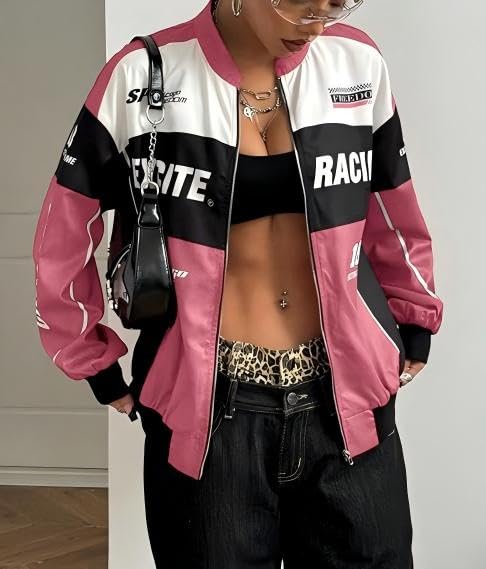 Chvity Womens Racing Jacket Color Block Letter Graphic Bomber Jackets Zip Up Lightweight Varsity Coats Y2k Outerwear