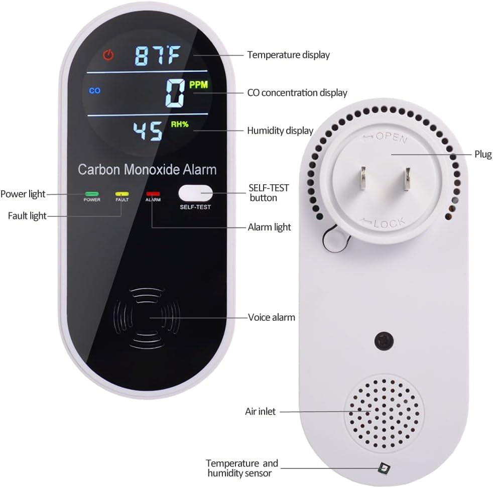 KH Alert 3 in 1 Carbon Monoxide Detector, KH Alert Portable Carbon Monoxide Detectors for Travel, Plug in Carbon Monoxide Detector with Temperature Humidity Sensor Built-in, Easy to Read & Install