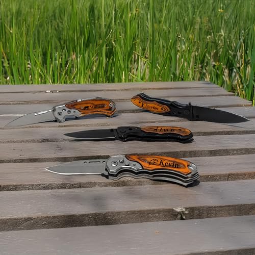 Custom Pocket Knife for Men | Laser Engraved Wood Handle Knife for Camping Hunting with Sheath | Groomsmen Folding Blade |...