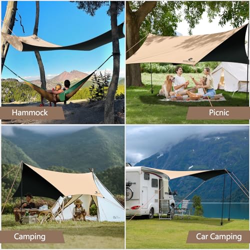 Camping Tarp with Poles & Retainer,15x12.5FT Large Waterproof 210D Oxford Cloth Camping Canopy, Anti-UV UPF100+ Tent Tarp ...