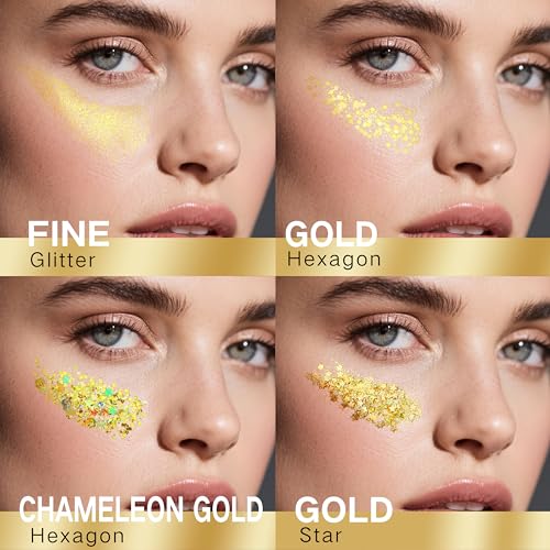Paminify 4 Jars Gold Face Glitter,Mardi Gras Outfit for Women,Sparkle Gold Body Hair Glitter,Carnival Mardi Gras Makeup Ac...