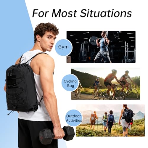 seyfocnia Drawstring Backpack Tactical String Gym Bag with Zipper Pockets, Waterproof Cinch Bag Sport Gym Backpack for Me...