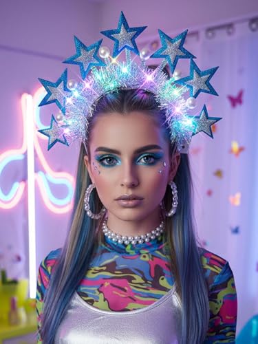 Lorealri Light Up Star Crown Headband, Blue and Silver Glitter Stars, LED Rave Party Costume Headwear Accessory for Women