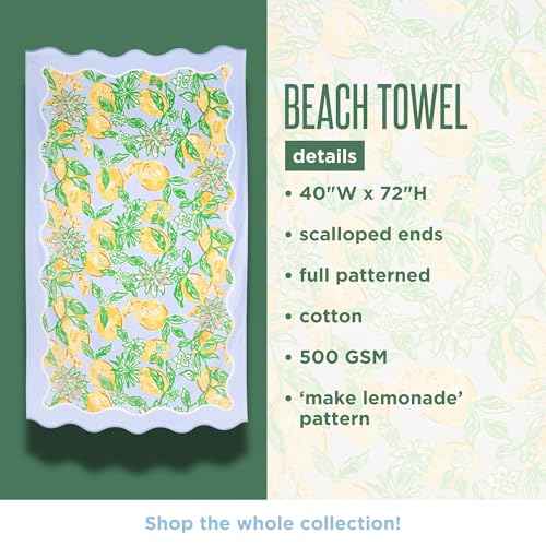 Lilly Pulitzer Oversized Pool/Beach Towel, 40 x 72, Large Cotton Towel with Scalloped Edges for Adults, Yellow/Green Lemon Print, Make Lemonade