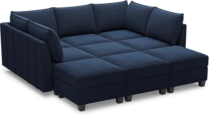 Belffin Modular Sectional Sofa Bed with Storage, 9-Seater Velvet Reversible Sleeper Couch for Living Room, Blue