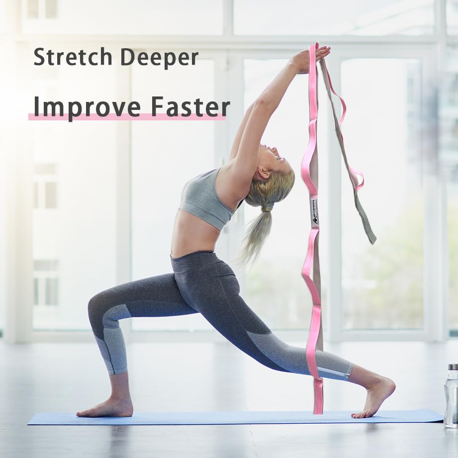 Stretching Strap Yoga Strap with Loops, Stretch Out Straps for Physical Therapy, Non-Elastic Exercise Strap for Pilates, Dance and Gymnastics with Workout Guide (Black+Pink/Light Gray)