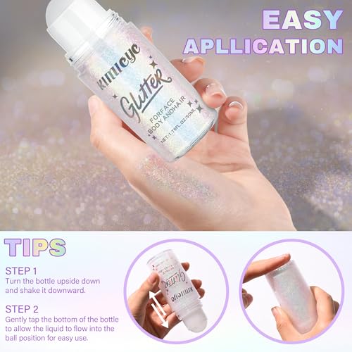 Roll-on Face Body Glitter Gel for Women, 1.69oz Large Capacity Holographic Color Changing Glitter Gel Shimmer Makeup for S...