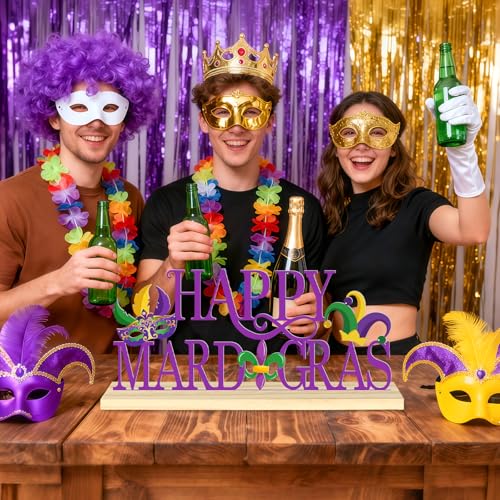 Happy Mardi Gras Metal Table Sign, Mardi Gras Table Decoration Centerpiece, Metal Letter Sign with Wooden Base, Holiday Ta...