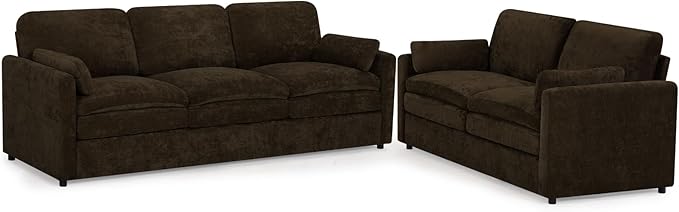 ACMEASE 2 Pieces Chenille Sofa Set w/Two Throw Pillows, Upholstered Loveseat & 3 Seater Sofa w/Comfortable Back Cushions, Modern 2-Seat & 3-Seat w/High-Density Foam for Living Room, Apartment, Brown