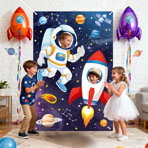 Outer Space Themed Party Decorations Astronaut Photo Booth Prop Backdrop Rocket Ship Galaxy Planet Starry Photography Back...