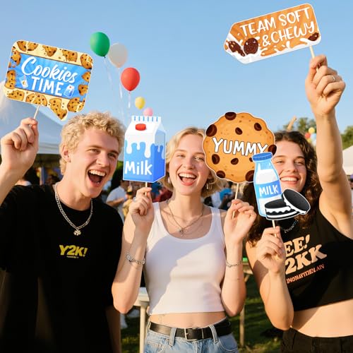 Cookies Milk Photo Booth Props, Sweet Cookie Theme Baby Shower Chocolate Birthday Decoration Tea Party Supplies 17Pcs Blue