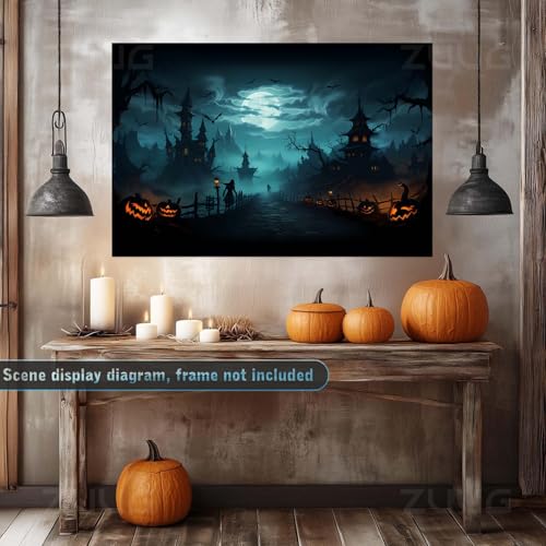 Fantasy horror Halloween canvas painting Gothic style fantasy dark haunted mansion wall decoration glowing pumpkin lantern twisted dead tree moonlight castle suitable for porch audio visual room