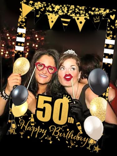 LaVenty Black Gold Glitter 50th Birthday Party Photo Booth Props 50th Birthday Photo Frame Birthday Photo Frame Birthday P...