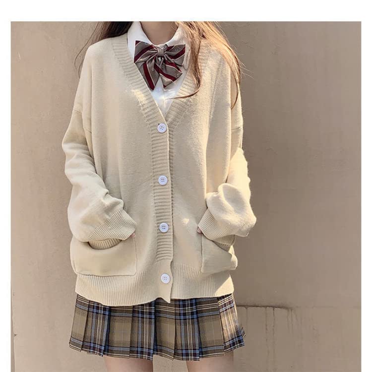 Preppy Aesthetic Clothes Cute Japanese School Sweater Kawaii Solid V-Neck Loose Knitted Cardigan JK Uniform Cosplay (M,Apricot)
