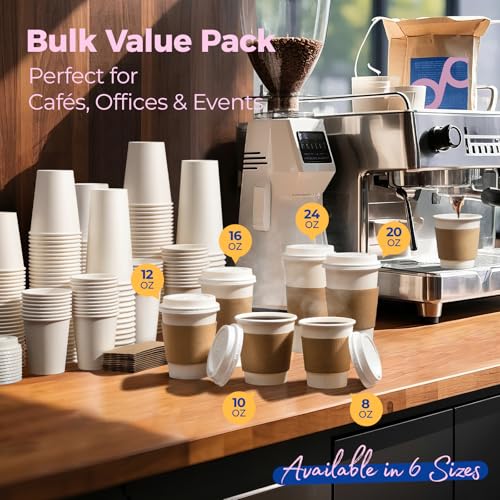 Fit Meal Prep 100 Pack 8 oz Disposable Coffee Cups with Lids, Sleeves, Leak-Proof To Go Coffee Cups with Lids, Durable Hot...