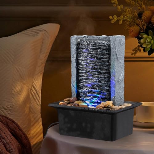 Tabletop Fountain Indoor Waterfall Rock Fountain LED-Lights Water Feature Waterfall for Modern Home and Office Indoor Deco...