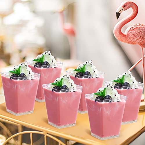 SHOPDAY 5 oz Plastic Dessert Cups 50 Pack Small Clear Square Parfait Cups with Spoons, Mini Plastic Tumbler Serving Cups f...