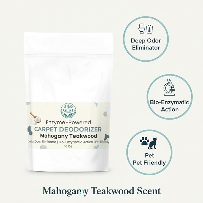 Enzyme-Powered Carpet Deodorizer (Powder) - Mahogany Teakwood | Natural Pet Odor Eliminator | Bio-Enzymatic Formula, Premium Performance, Eco Friendly | 16 oz