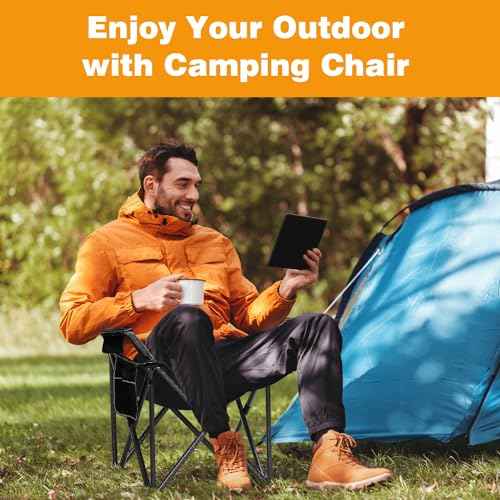 SAILARY 2PCS Folding Camping Chair Portable Outdoor Heavy Duty Padded Chairs Lawn Chair with Cup Holder, Storage Pocket and Cooler Bag, Supports 450LBS Black