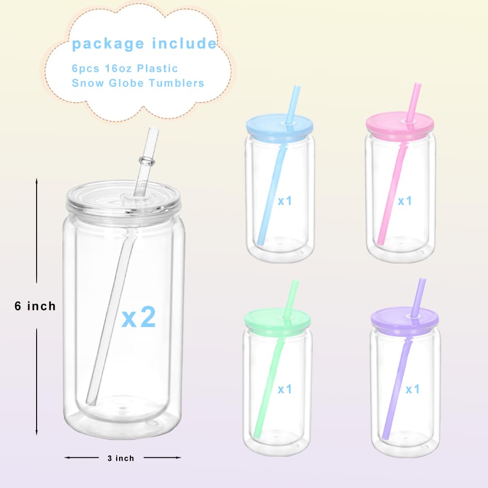 BRLBZXJY 6 Pack 16 Oz Snow Globe Tumblers with Lids + 5-piece Snow Globe Tumbler Supplies – Insulated Double Wall Plastic DIY Cups