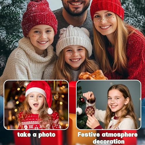 8 Pcs Christmas Face Temporary Tattoos, Ren Green and White Glitter Freckles Face Tattoo for Kids and Women, Waterproof Ch...