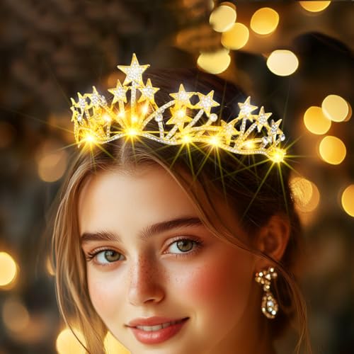 Urieo Light up Star Crown LED Crystal Tiara Headband Birthday Prom Hair Accessories for Women