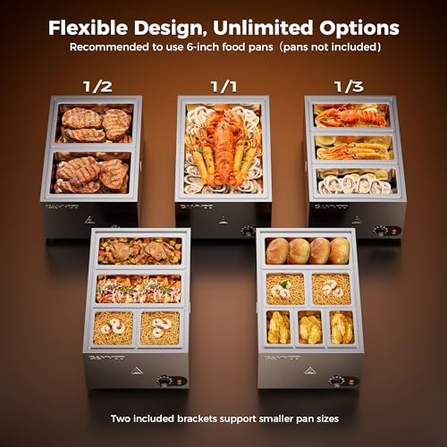 CAMMOO 1200W Electric Steam Table Food Warmer, Bain Marie 86-185°F Adjustable Temp, Countertop Stainless Steel Buffet Steam, Commercial Food Steamer for Catering Restaurant