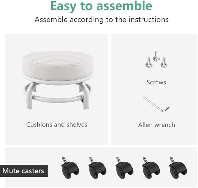 FURWOO Low Roller Seat PU Leather Rolling Stool Step Stool Mechanic Stool on Wheels for Home Office Garage Shop White
