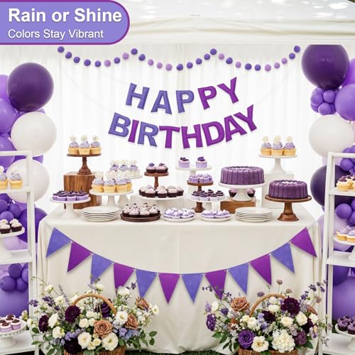 LITAUS Pre-Strung Happy Birthday Banner & Felt Garland Set - Ombre Purple Birthday Decorations for Women Men Boys Girls | ...