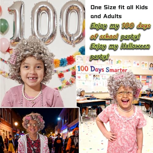 VersaCharm Old Lady Wig Costume for Women,100 Days of School Costume for Kids Girls,Grandma Granny Costume Wig for Hallowe...