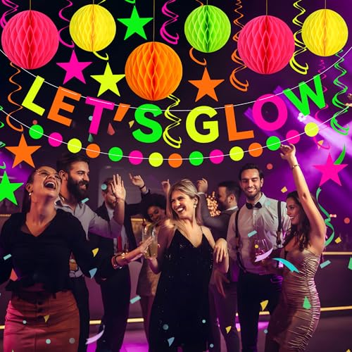 Neon Party Supplies includes Let's Glow Banner Star Hanging Swirls Circle Dot Garland Glow in The Dark Party Hanging Decor...