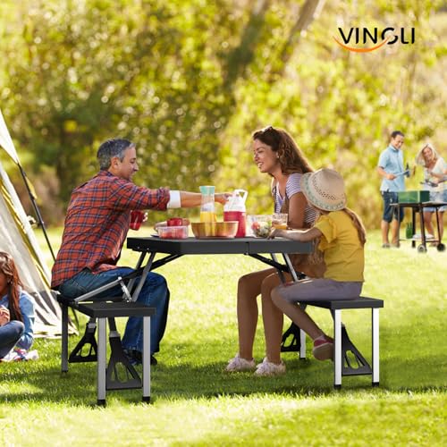 VINGLI 4Ft Portable Folding Picnic Table Camping Table Foldable Set with 4 Seats with Umbrella Hole Suitcase Card Table-22...