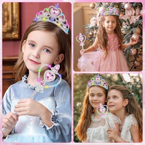 Vicloon 2PCS Light Up Princess Crown and Wands, Princess Dress Up Accessories for Little Girls Christmas Birthday Cosplay