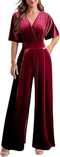 DAAWENXI Women's Casual Velvet V Neck Short Sleeve Jumpsuits Long Wide Pants One Piece Romper with Pocket