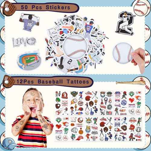Gifts2U Baseball Party Favors Supplies, 146 Pcs Baseball Themed Goodie Bags Stuffers with Bracelets, Tattoos, Stickers, Mini Ball and Cars Toys, Gifts Bulk for Team Kids Birthday Party