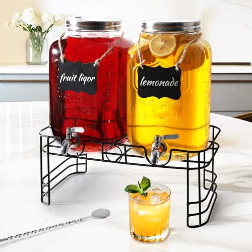 2 Gallon Drink Dispensers for Parties, 2 Pack Beverage Dispensers with Stand, Glass Water Jug Dispenser, with 18/8 Stainle...