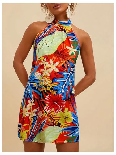 Floerns Women's Sleeveless Floral Print Sundress Halter Neck A Line Short Dress
