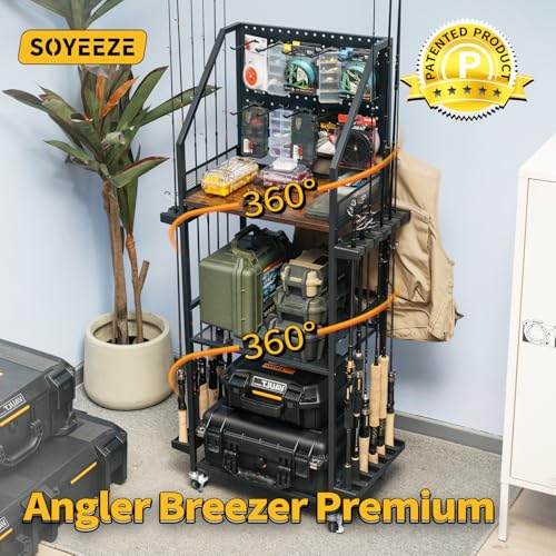 SOYEEZE Fishing Rod Holders for Garage with Pegboard and Lockable Wheels, 3-Tier Fishing Pole Rack with 10 Hooks, Fishing ...