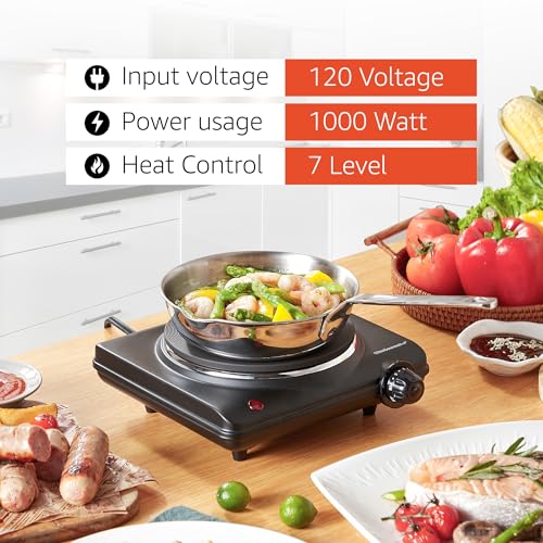 Elite Gourmet ESB-301BF# Countertop Single Cast Iron Burner, 1000 Watts Electric Hot Plate, Temperature Controls, Power In...