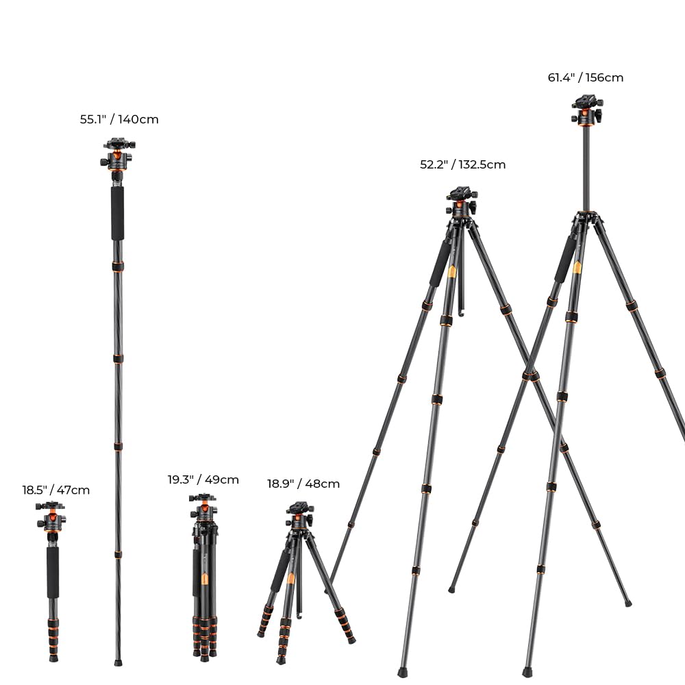 K&F CONCEPT 62" Carbon Fiber Camera Tripod,Portable Compact Tripods with Detachable Monopod,360° Metal Ball Head 15KG/33lbs Load Capacity with Quick Release Plate for Travel and Work A255C2+BH-36L
