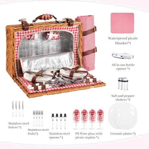 Neti Neti Wicker Picnic Basket for 4 with Insulated Cooler & Waterproof Blanket – Large Willow Picnic Hamper for Outdoor, ...