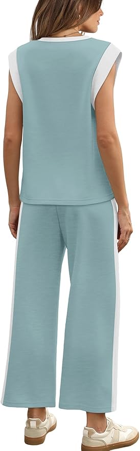 WIHOLL 2 Piece Sets for Women Summer Lounge Sets Travel Vacation Outfits Cap Sleeve Sweatsuit Side Slit Wide Leg Pants S-3XL