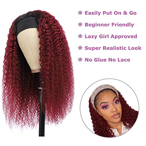Curly Headband Wig for Black Women, Ombre Dark Red 100% Unprocessed Human Hair Wigs, Burgundy Color Red Wine None Lace Front Wigs with Headband (24'', 1B/Burgundy, Curly), Ombre 1B/99J, Curly