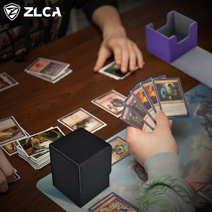 ZLCA Card Deck Box for Trading Cards, MTG YuGiOh Deck Case Holds 100+ Single Sleeved Cards, PU Leather Magnetic Card Storage Box Fits for TCG CCG (White& Purple)