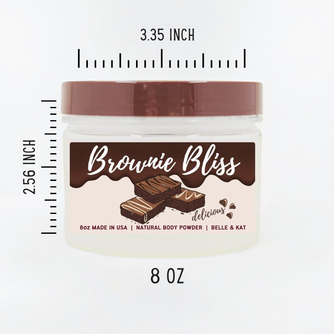 Body Powder for Men & Women Scented Chocolate Brownie Bliss, bath Perfume Dusting Powder with Fragrance & Essential Oils, Talc Free 8oz Container, Made in USA