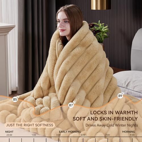 HaloRest Faux Fur Throw Blanket, Thick 1000GSM Fluffy Cozy Throw Blankets for Bed, Luxury Plush Striped Warm Soft Blanket ...