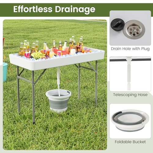 KOTEK Folding Ice Cooler Table, 4 FT Portable Ice Table with Drain, Matching Skirt & Foldable Bucket, Buffet Beverage Serv...