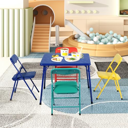 FurnitureR Kids 5-Piece Folding Table & Chair Set, Colorful Activity Table for Holiday Crafts, Playtime, Learning & Family...