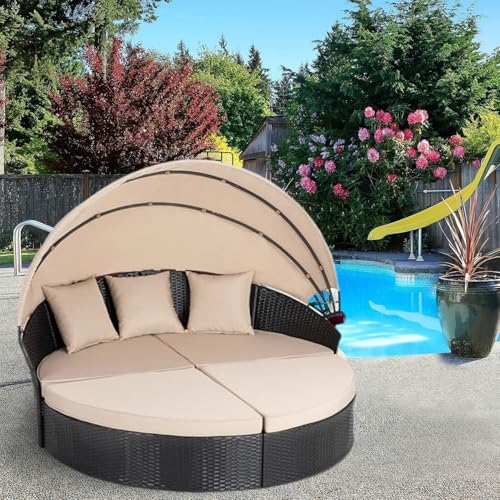 FSJITF Outdoor Furniture 66in Round Daybed Retractable Canopy Replacement Cover,Patio Rattan Wicker Sun Bed Fade Resistant...